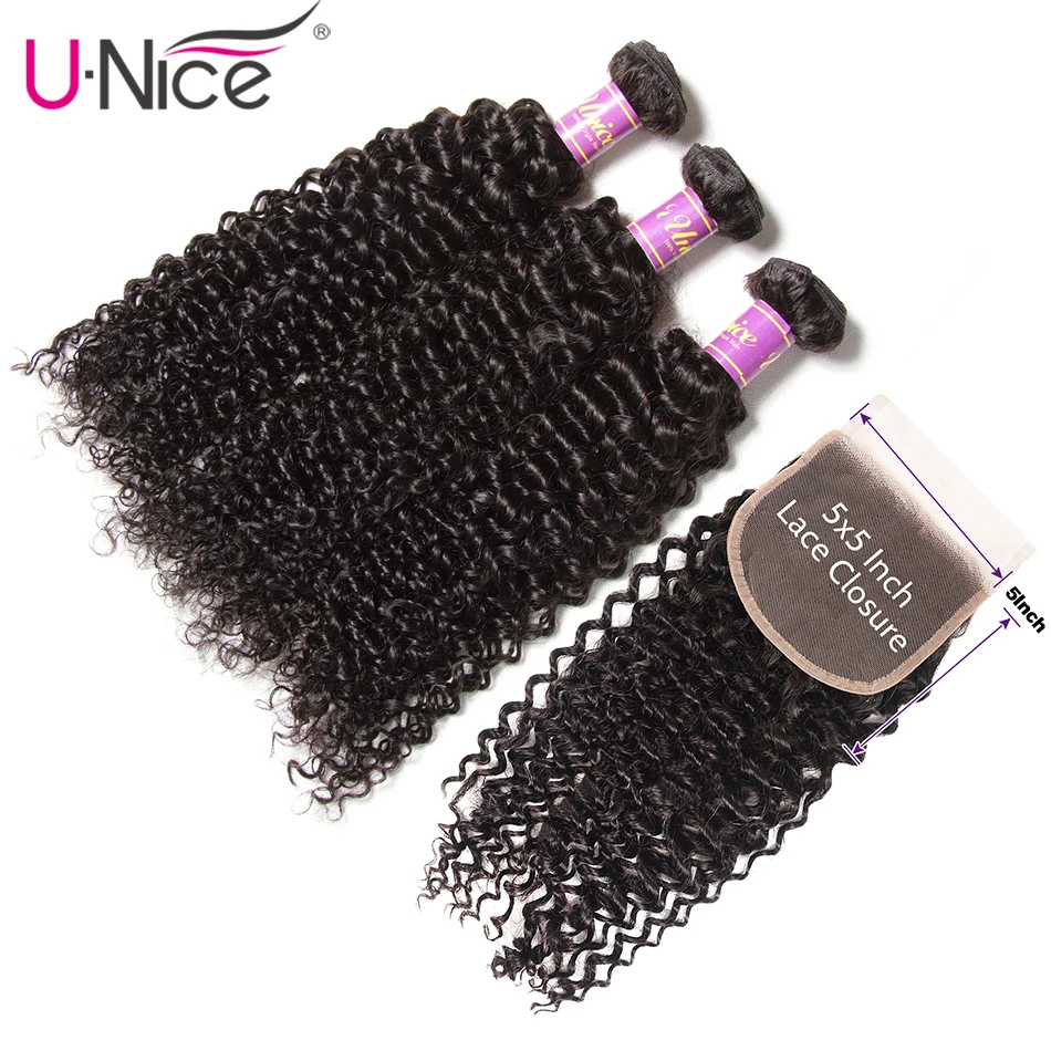 UNICE Hair Curly Bundles With 5X5 Closure Brazilian Weave 4pcs Remy Human 3 | Шиньоны и парики