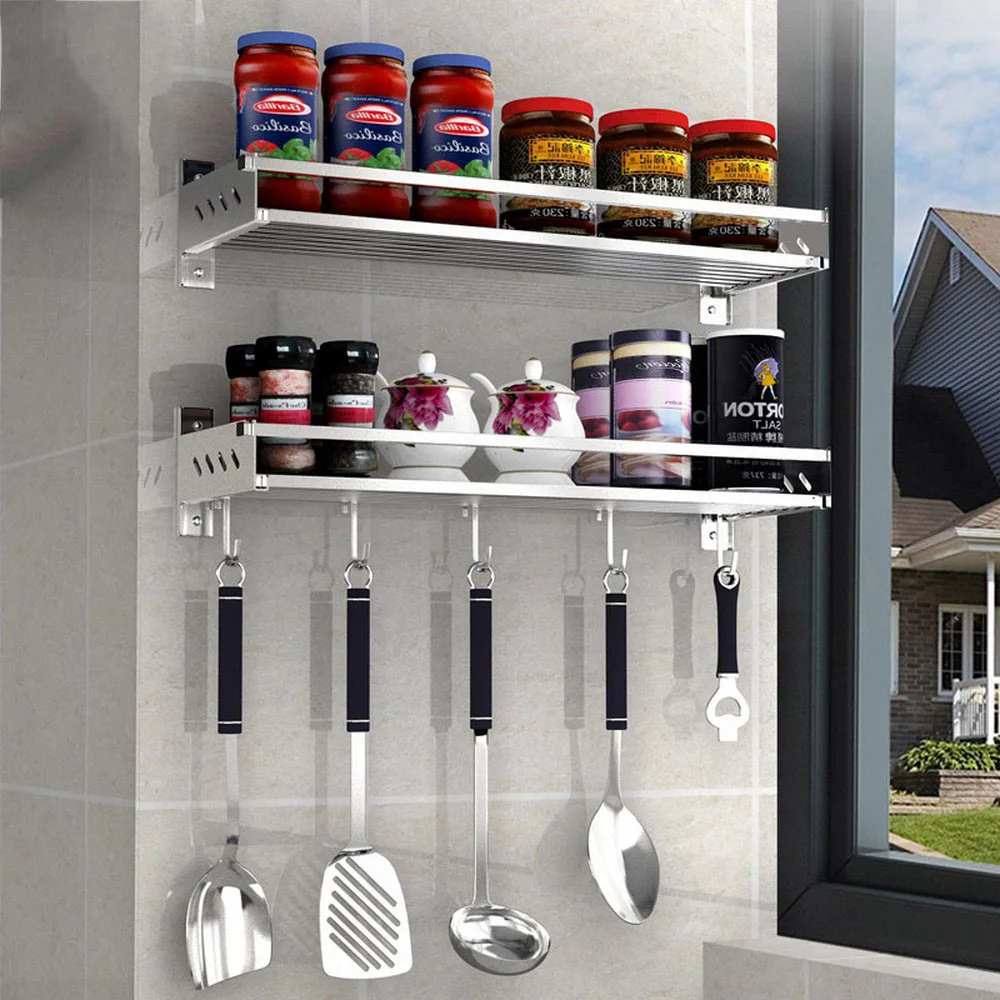 kitchen wall shelf storage rack punch free stainless steel seasoning box cookware hanging organizer shelf storage rack holder free global shipping