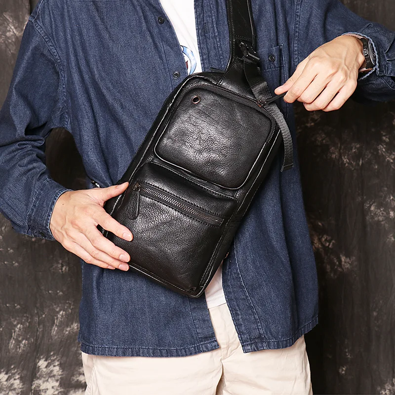 

2021 New Genuine Leather Crossbody Bags for Men Chest Bag Pack Casual Bag Waterproof Single Shoulder Strap Pack Bag Messenger