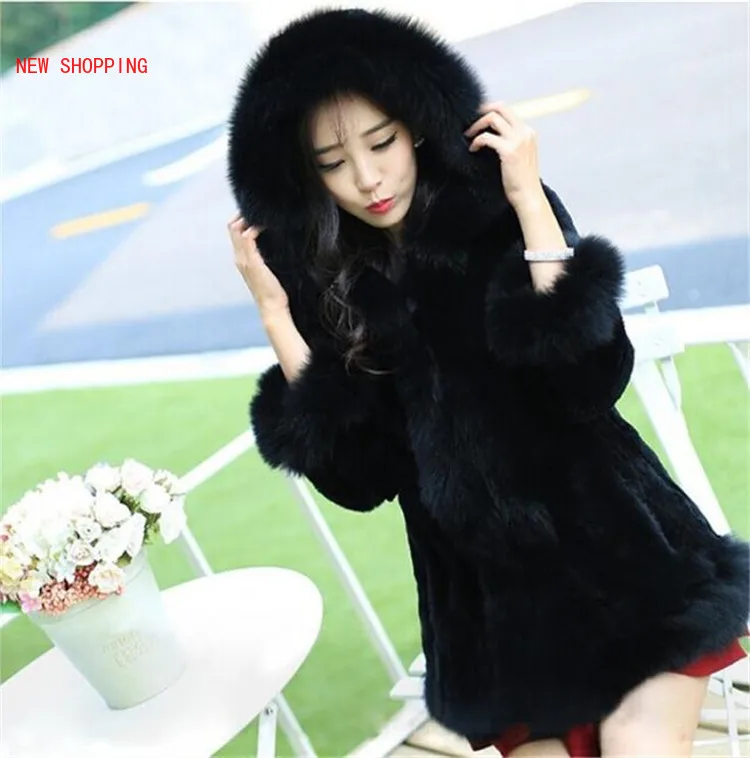 Autumn Winter Hooded Fur Coat Women Luxurious Elegant Casual Fur Jacket Fashion Womens Middle Long Rabbit Hair Collar Warm Coats