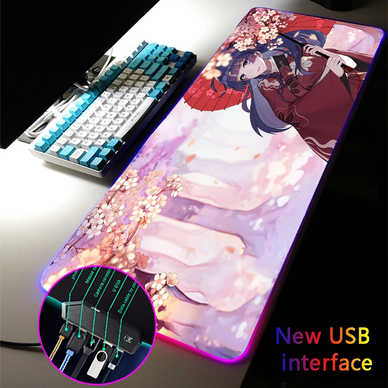 

Коврик RGB для мышки с аниме девушкой, интерфейс Type C, четыре USB-разъема, мульти-интерфейс Honkai Impact 40*90 см, розовый коврик для мыши, Настольный ков...