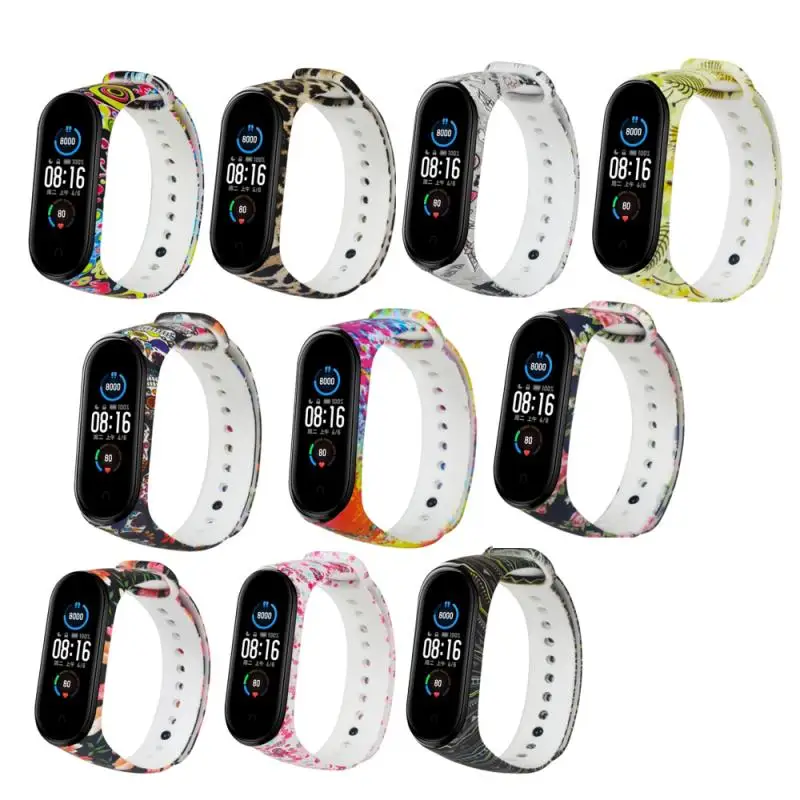 Силиконовый браслет с цветочным принтом для Mi Band 5 модный спортивный ремешок на