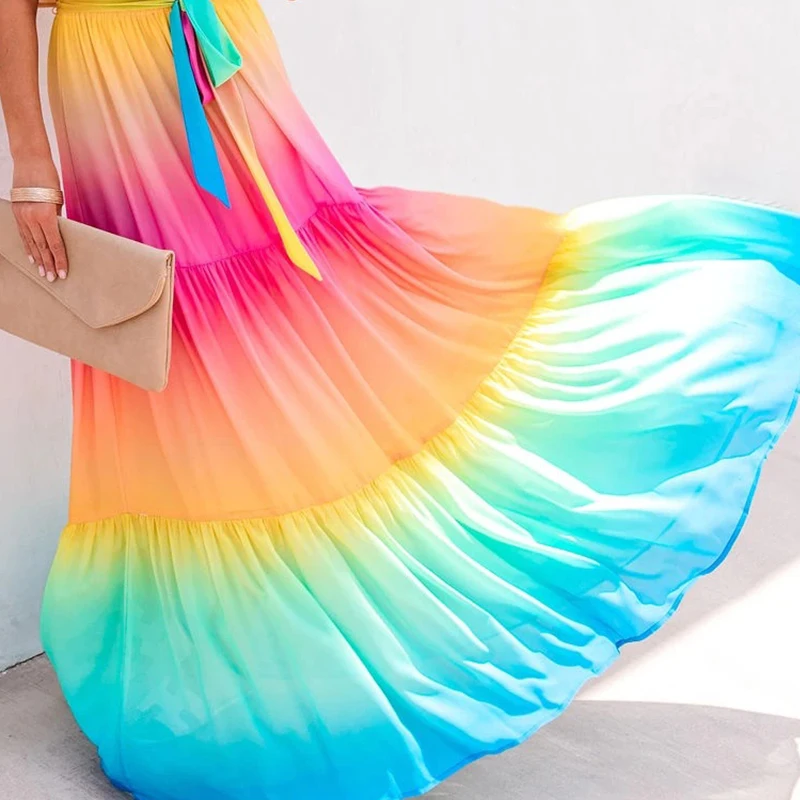

Bohemian Dresses Summer Women Rainbow Printed Chiffon One Word Collar Beach Dress Ladies Casuall Sweet Long Maxi Sundresses 2021