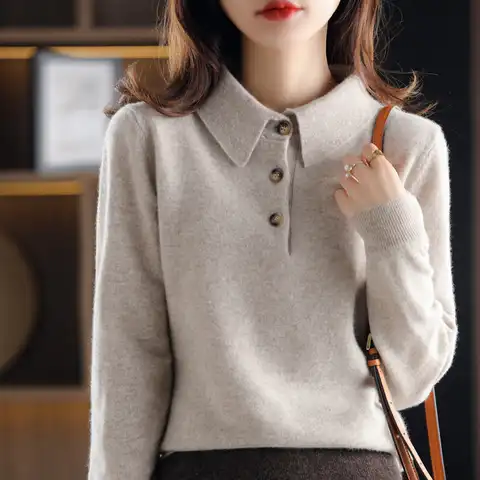 2021 New Cashmere Sweater All-Match Knitted Pullover Fall/Winter Lapel Base Shirt 100%Pure Wool Plus Size Warm Women's Loose Top