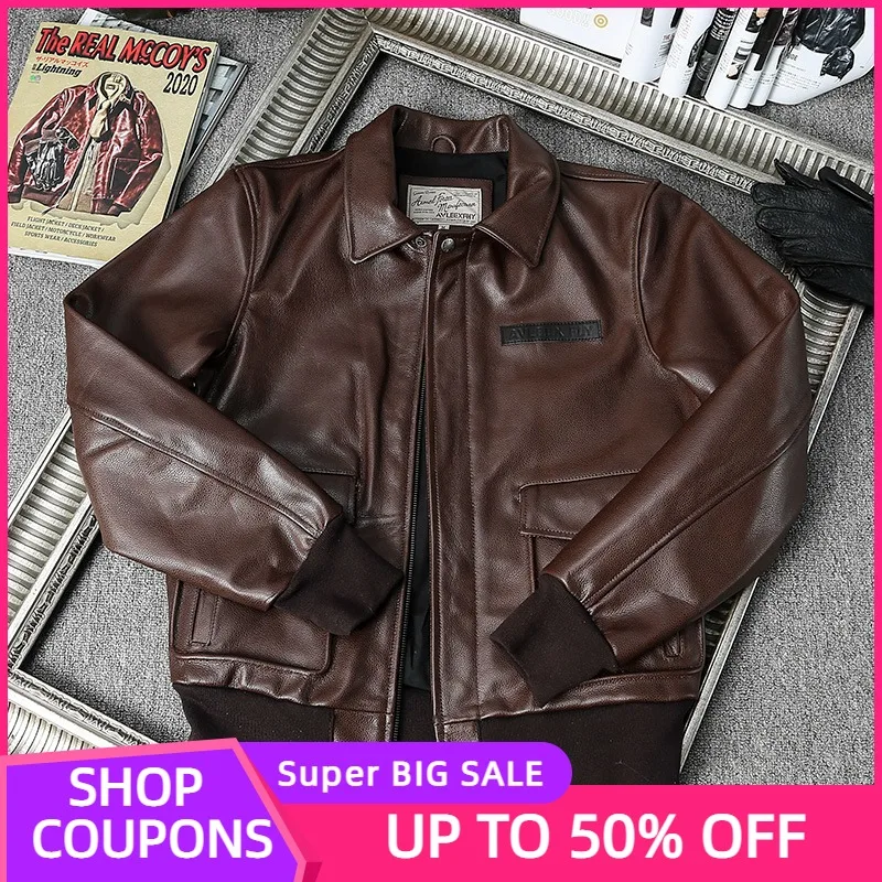 

2021 коричневая мужская куртка из натуральной кожи в стиле милитари размера плюс 3XL осеннее приталенное пальто из натуральной воловьей кожи A2...