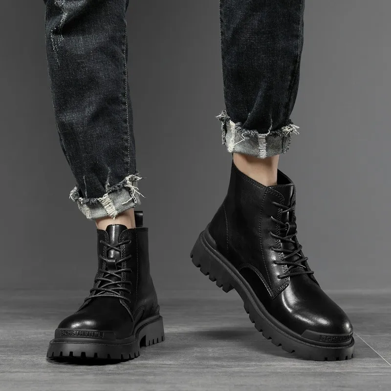 

2020 Genuine Leather Men's Platform Ankle Boots Luxury Designer Men Chunky Style Boots Fashion Shoes Plus Size Footwear