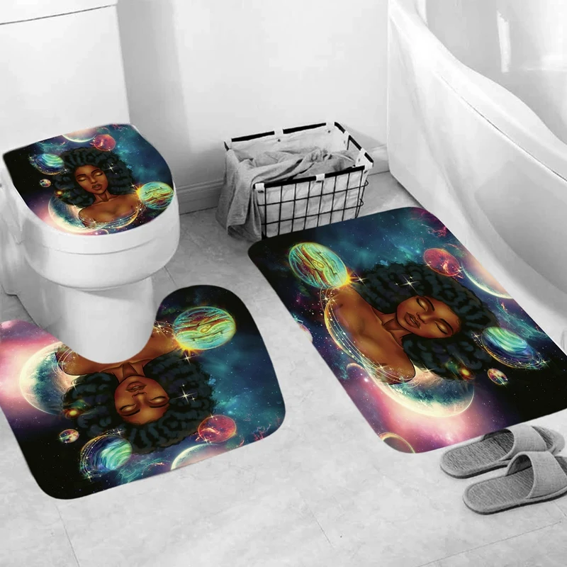 Space African Woman Print Shower Curtain Set Girl Polyester Bathroom Curtains Anti-Slip Bath Mats Carpets Rugs | Дом и сад