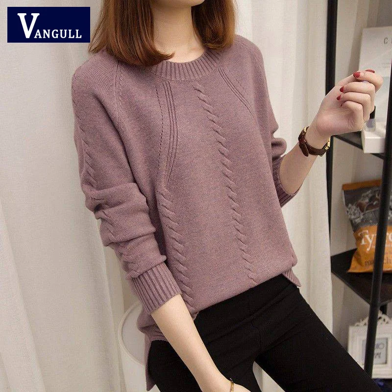 Vangull Fashion O-Neck Women Sweater 2021 Autumn Winter Warm New Solid Long Sleeve Twisted Pullovers Casual Short Female | Женская