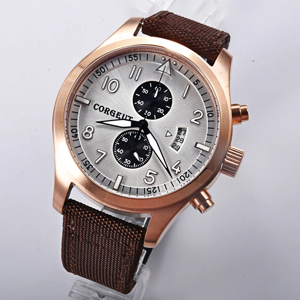 Corgeut 46 мм белый циферблат rosegold PVD чехол Полный Хронограф Мужские кварцевые