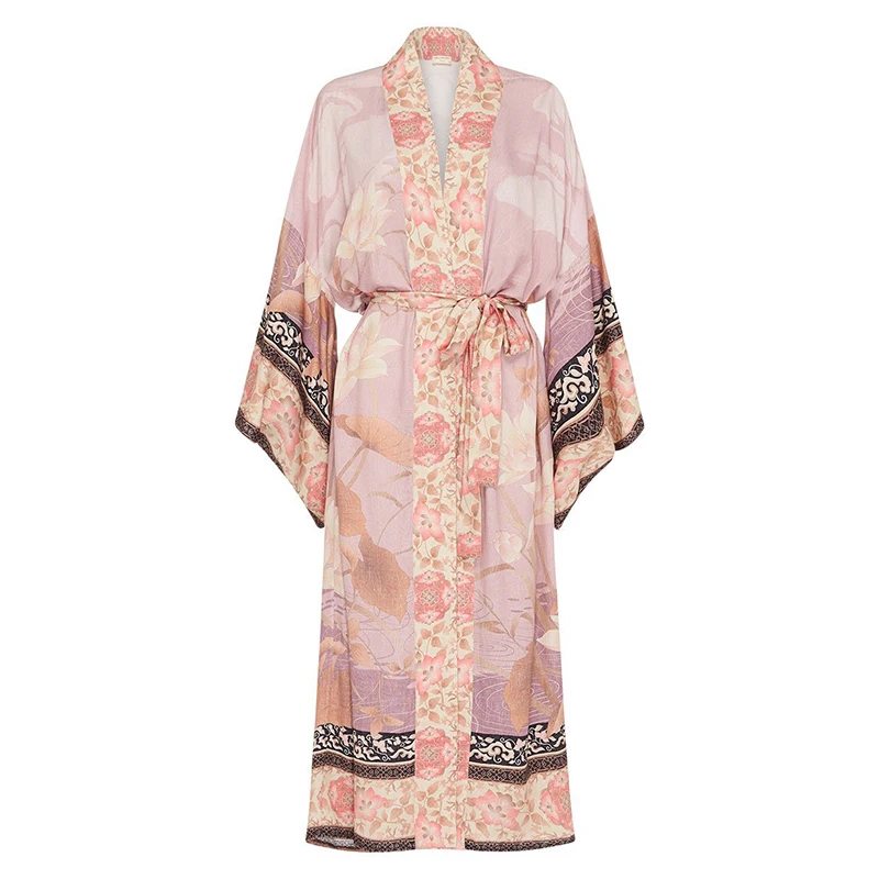 Everkaki Boho Цветочный принт пальто-кимоно женские пояса Розовый Цыганский осеннее женское длинное пальто-кимоно верхняя одежда женская Осень новинка