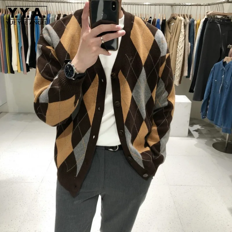 2021 Autumn New Mens Rhombus Plaid Sweater Cardigan V Neck Long Sleeve Knitted Outwear Coat Single Breasted Knitwear Cardigans