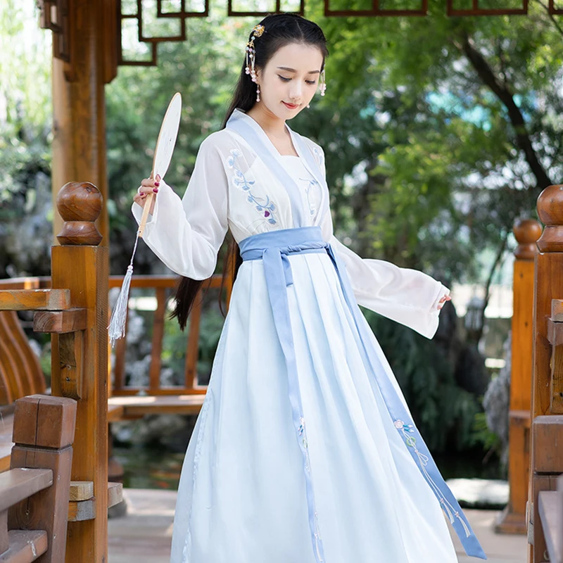 Китайский традиционный белый хлопок Hanfu Улучшенный женский костюм синий Han