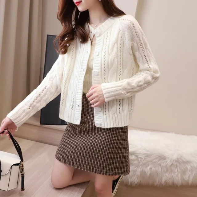 

Women Twisted Sweater Winter Knitting Cardigans Fashion O-neck Autumn Open Stitch Elegant Single-breasted Sweater jk152