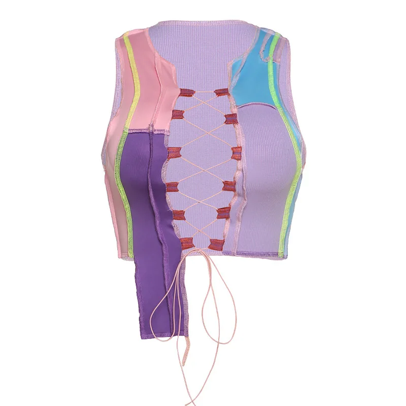 

Fashion Sexy Women Contrast Color Front Lacing Sleeveless Irregular Crop Top Casual Femmal Tank Top Party Club Streetwear