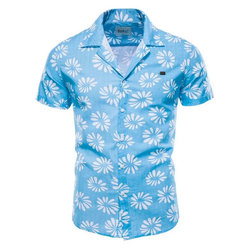 

Fashion 100% Cotton Linen Shirt Men Flower Printed High Quality Shirt for Men Summer Casual Short-Sleeved Hawaii Men's Shirts