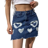 womens mini denim skirt high waist heart print frayed hem a line short jean skirt
