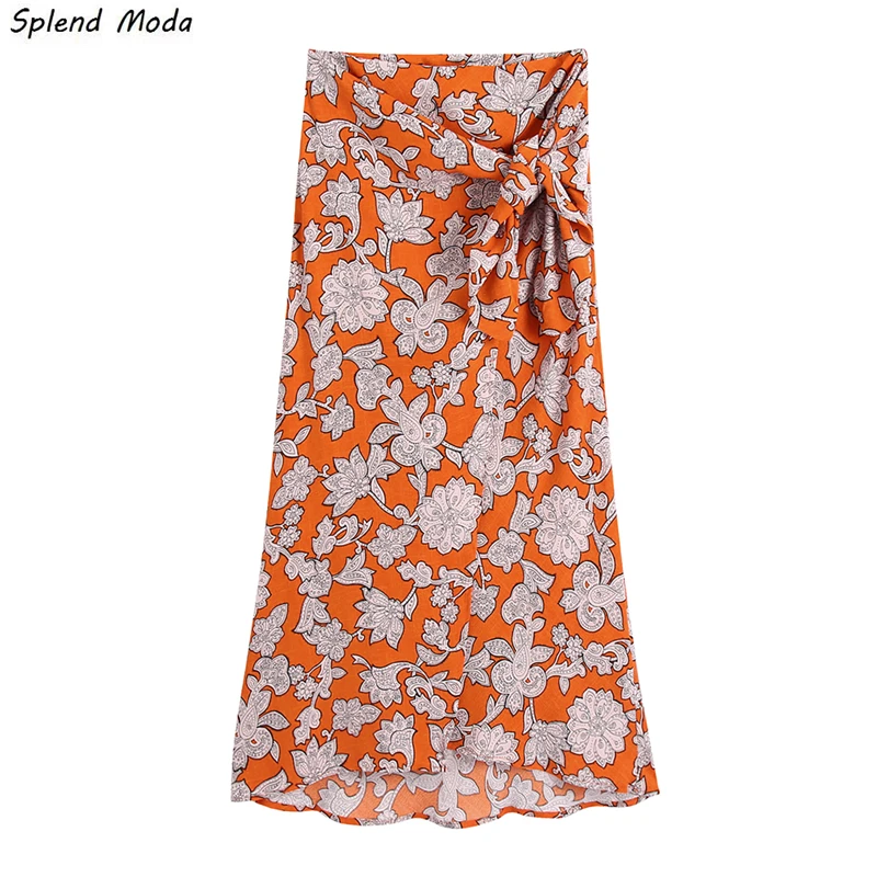 

Юбка женская трапециевидная с завышенной талией и узлом, средней длины