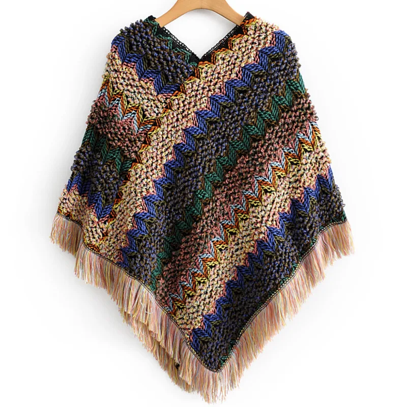 Boho Shawl Plus Size ropa mujer Fringed Knitted Pullover World National Style Cape Vintage Poncho Spring Women's clothing | Женская