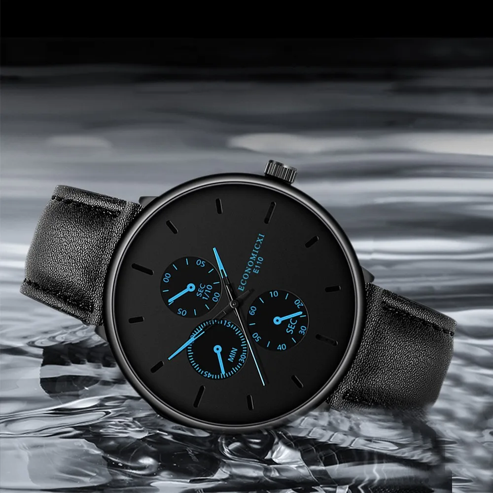 Мужские часы модные черные деловые наручные Простой Кожаный ремешок с тремя