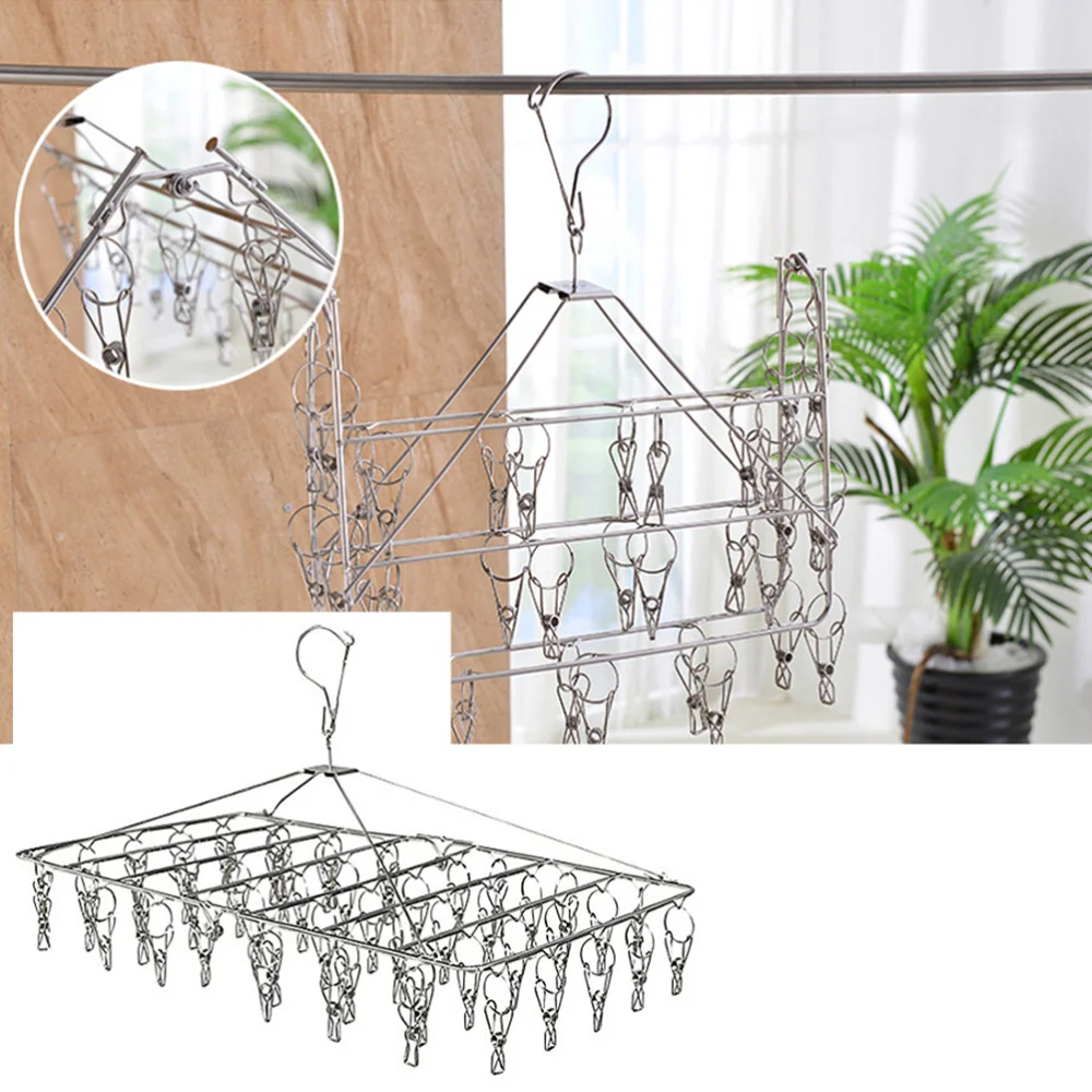 

Stainless Steel Folding Clip and Drip Laundry Hanger with Set of 52 Clothespins for Drying Clothing Towels Diaper Underwear Sock