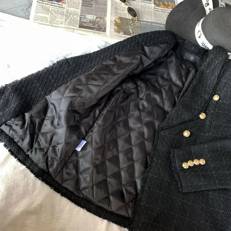 

Elegant Women Slim Fit Double Breasted Tweed Jacket Tassels Office Ladies Padded Suit Coat Vintage Business Work Black Jackets