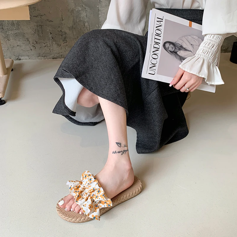 

Shoes Slippers Casual Slides Slipers Women Shale Female Beach Butterfly-Knot Low Luxury 2021 Flat Sabot Summer Soft Butterfly-kn