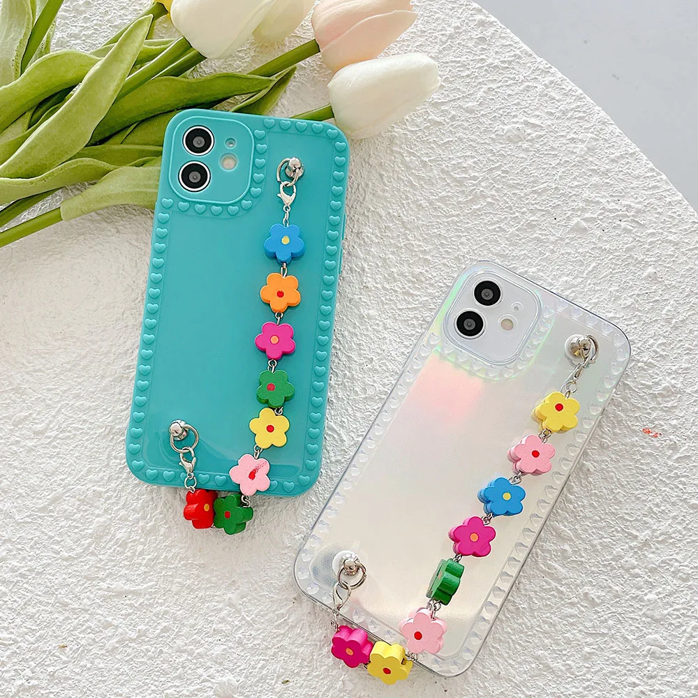

Wrist Chain Case for IPhone 12 11 Pro Max 7 8 Plus XR XS Max SE 2020 Silicon Cases Cute Flowers Chain Hanging Case for IPhone 11