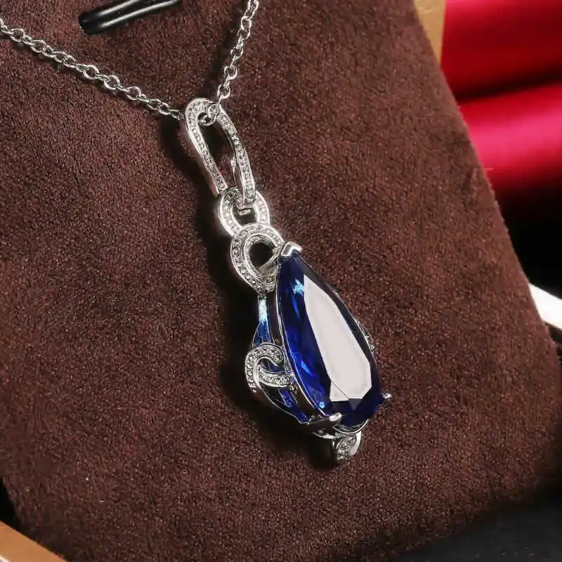 

Fashion Silver Pear Cut Blue Sapphire Women Wedding Jewelry Necklace Pendant