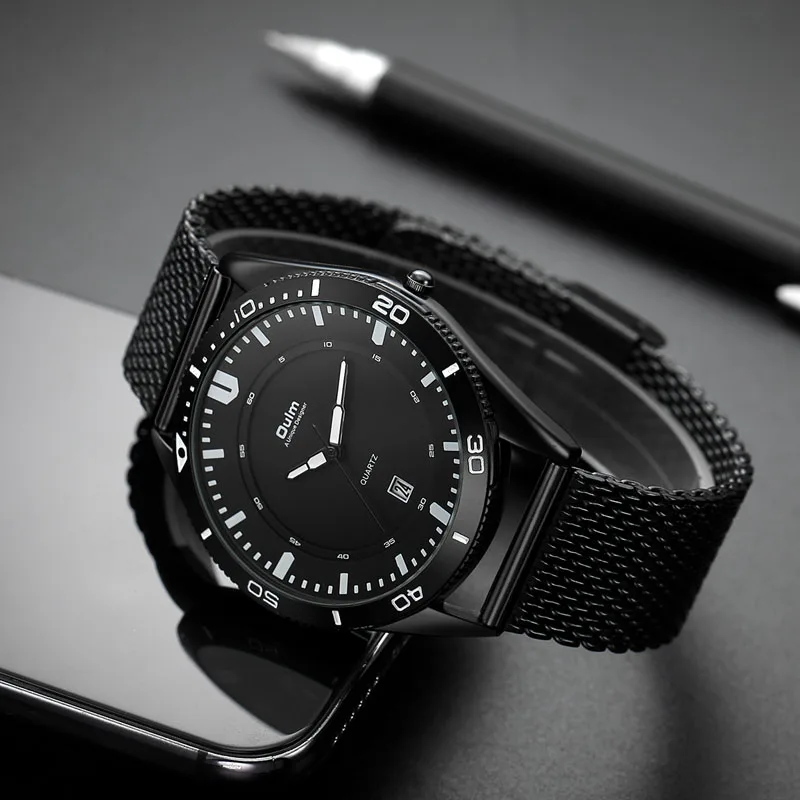 Oulm Мужские часы черные нержавеющая сталь сетчатый ремешок Авто Дата кварцевые