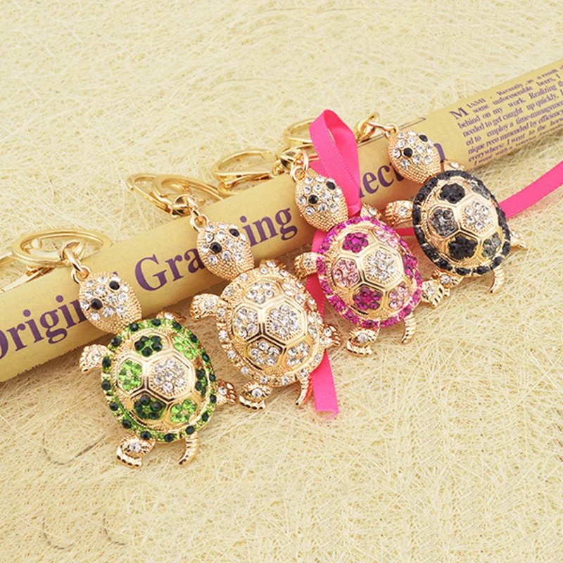 

Fashion Colorful Rhinestone Turtle Keychain Cute Gold Color Animal Pendant Bag Car Key Chains Keyring With Buckle Accessories
