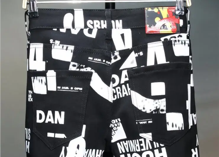 Digital printing pants men's jeans slim flower pants штаны мужские stretch feet black casual trousers new European