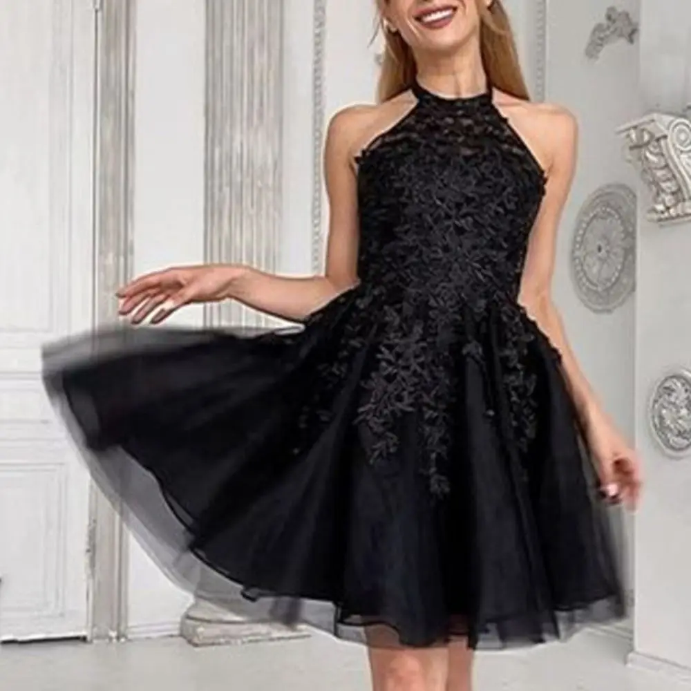 

Короткие черные Официальные Вечерние платья 2021, кружевные аппликации с открытой спиной, до колена, с круглым вырезом, без рукавов, для женщи...