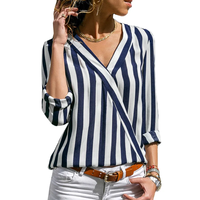 New T-shirts for Women Fashion Striped Spring Autumn Long Sleeve Chiffon Blouses Sexy V-neck Tops Blue Red Blusas Tees Blusas