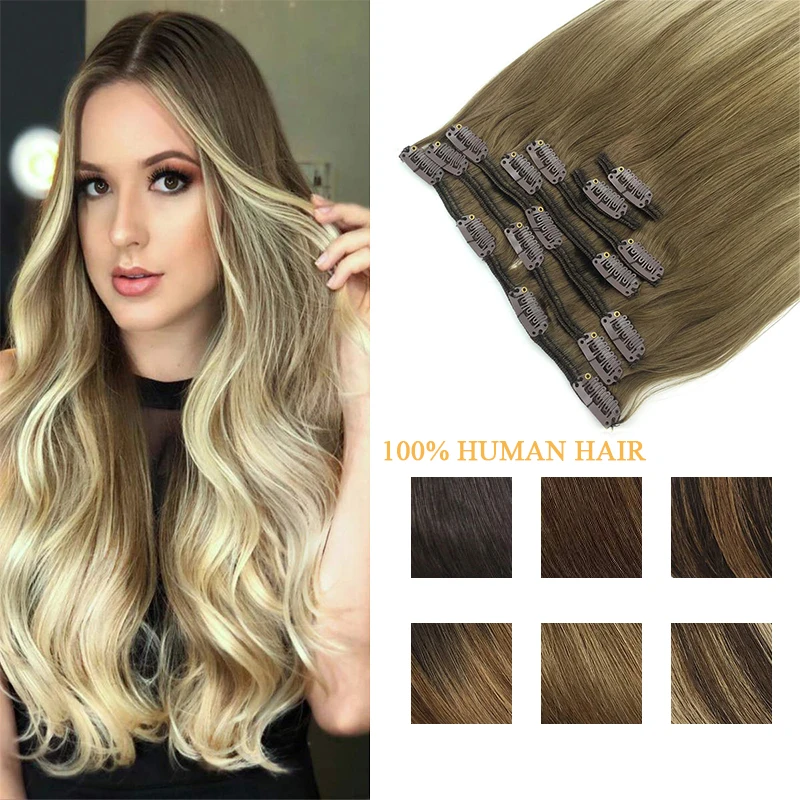 

Straight Clip in Hair Extensions Natural Black to Light Brown Honey Blonde Ombre Color 100% Human Remy Full Head Hair Extensions