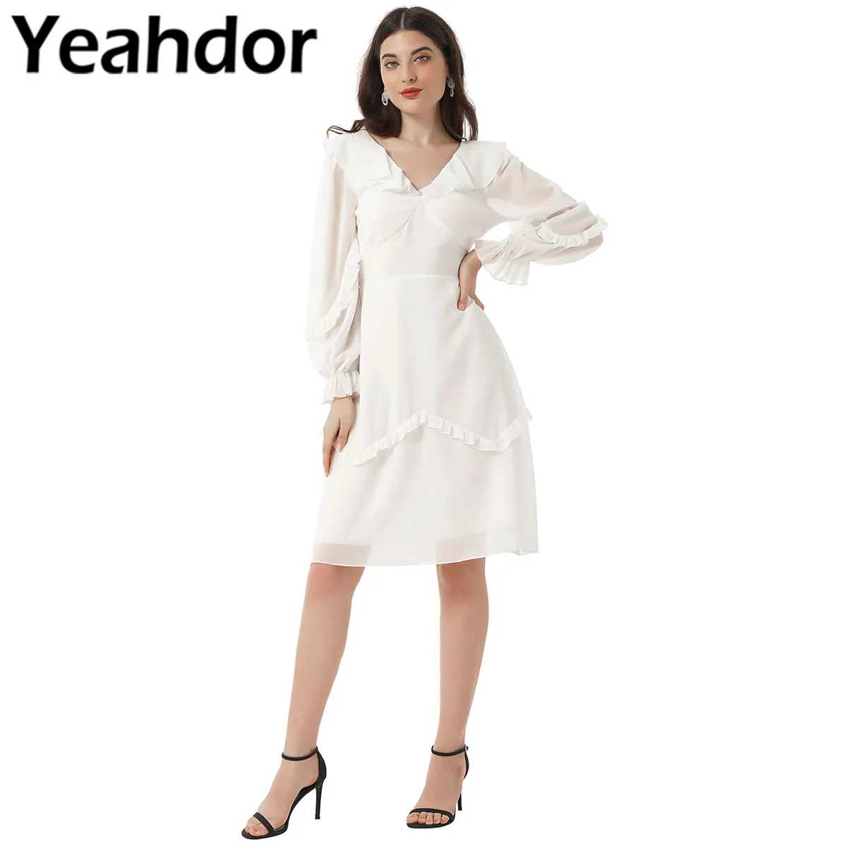 

Women's Chic Ruffle Chiffon Dress Ladies Sexy V Neck Backless Evening Dress Vestidos De Festa Prom Party Elegant Woman Dress