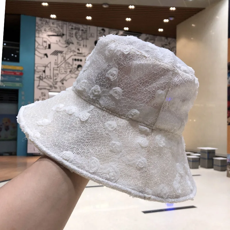 

Ins Mesh Breathable Flower Bucket Hat Women Black White Beige Thin Summer Outdoors Beach Sun Protectors Caps Fashion All Match