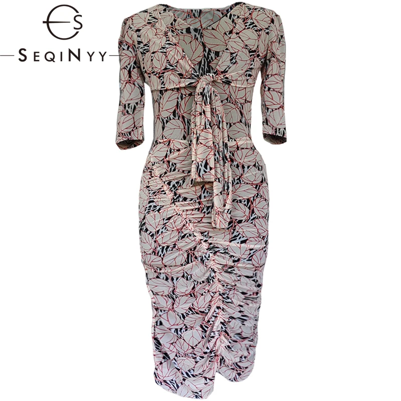 

SEQINYY Slim Knee Set Summer Spring New Fashion Design Women Runway Lace-Up Bodysuit Top + Skirt Sheath Elastic Mesh Print