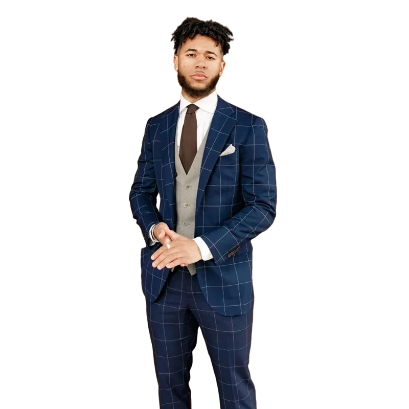 

New Arrival Fashion Navy Blue Men Suits Plaid Design For Wedding Party Wear Men Business Office Peaked Lapel Set 2 Pcs Coat+Pant