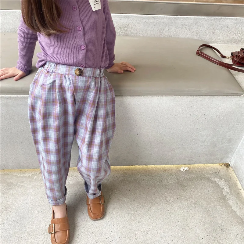 

Новинка осени 2021, фиолетовые клетчатые хлопковые повседневные брюки для девочек, модные мягкие удобные брюки