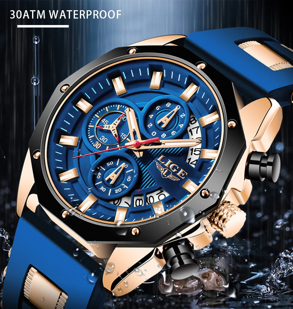 2020 LIGE New Fashion Mens Watches Top Brand Luxury Silicone Sport Watch Men Quartz Date Clock Waterproof Wristwatch Chronograph