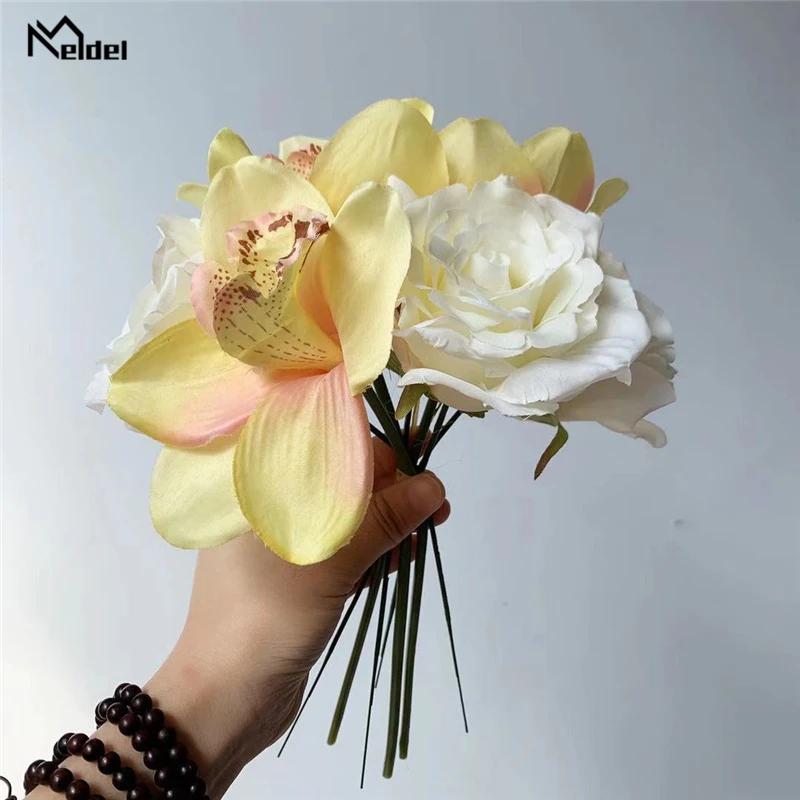 Meldel Artificial Flower Bouquet Silk Rose Orchid Fake Girl Purple Pink DIY Home Party Decoration Wedding Supply | Дом и сад
