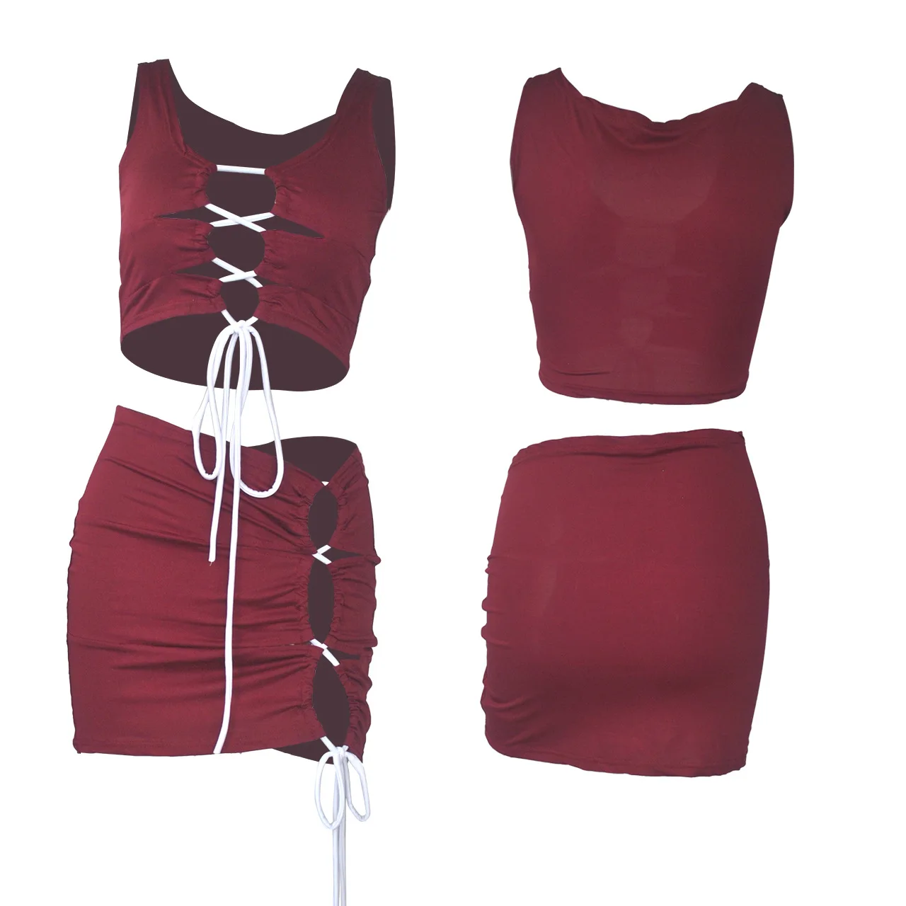 

Women Two Piece Dress Solid Color Crimp Lace up Sexy Drawstring Vest Dresses Sets Outfits Sleeveless Cotton Blends