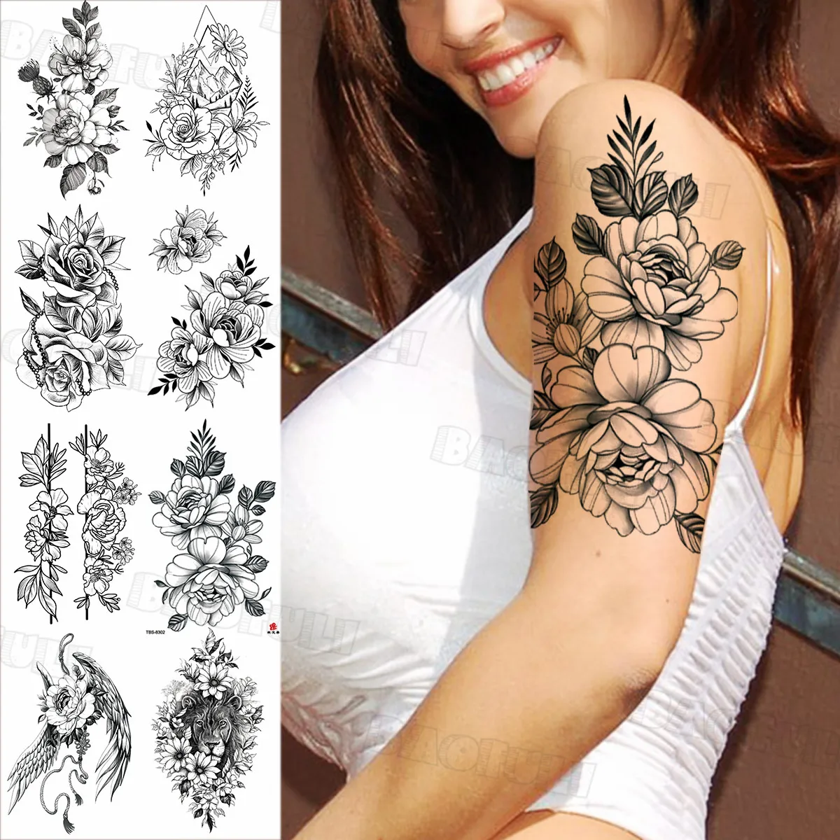 

Realistic Peony Flower Temporary Tattoo For Women Men Geometric Rose Dahlia Animal Fake Tattoo Sticker Disposable Body Art Tatoo