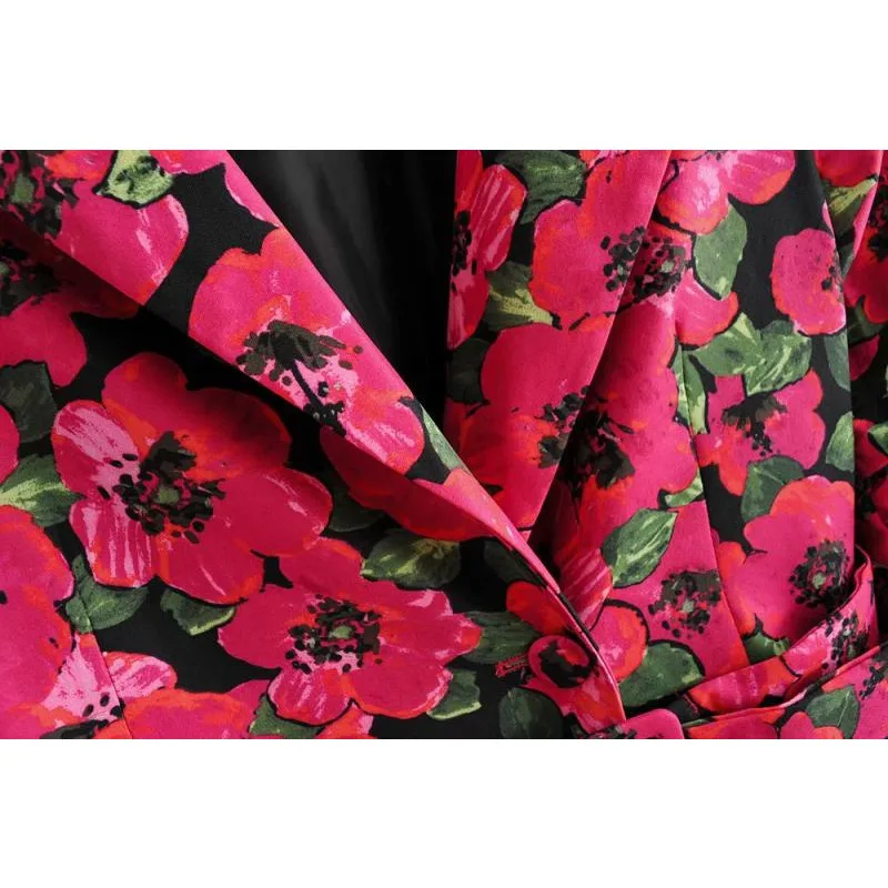 

2021 Fashion Women Casual Pink Blazer Full Sleeve Floral Pattern Lapel Ladies New Slim Waist Retro Rose Red Printed Clothing