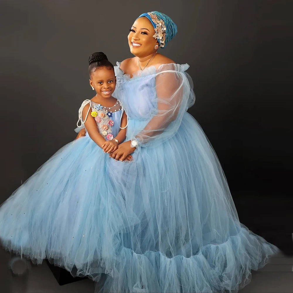 

Винтажные тюлевые платья для мамы и я в африканском стиле на день рождения, фотосессии или вечерние, трапециевидные платья с длинными рукавами Asoebi для мам и детей, 2022