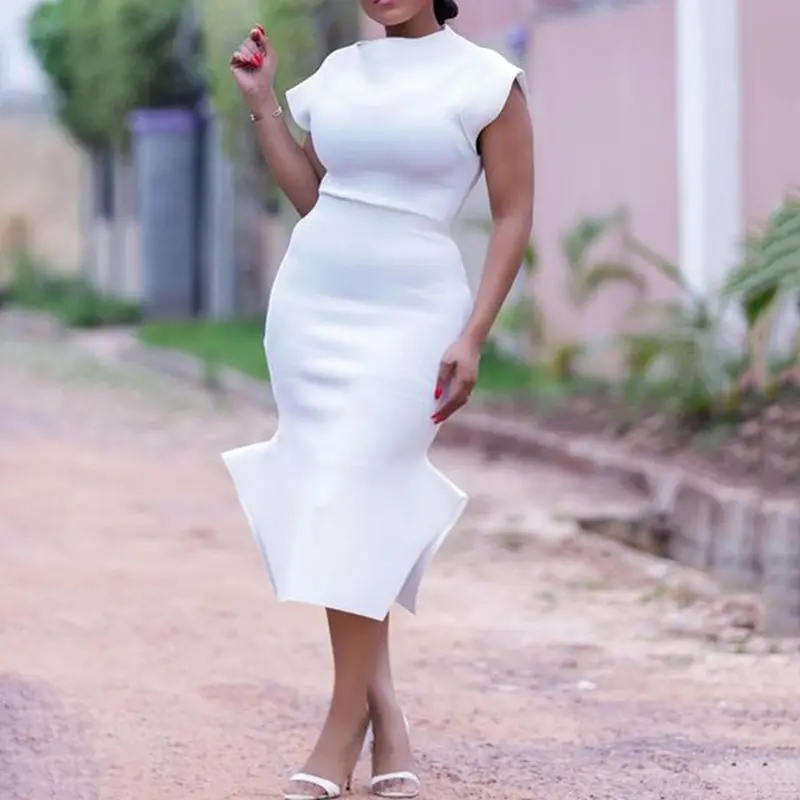Элегантное белое платье большого размера 3XL женское офисное до середины икры с