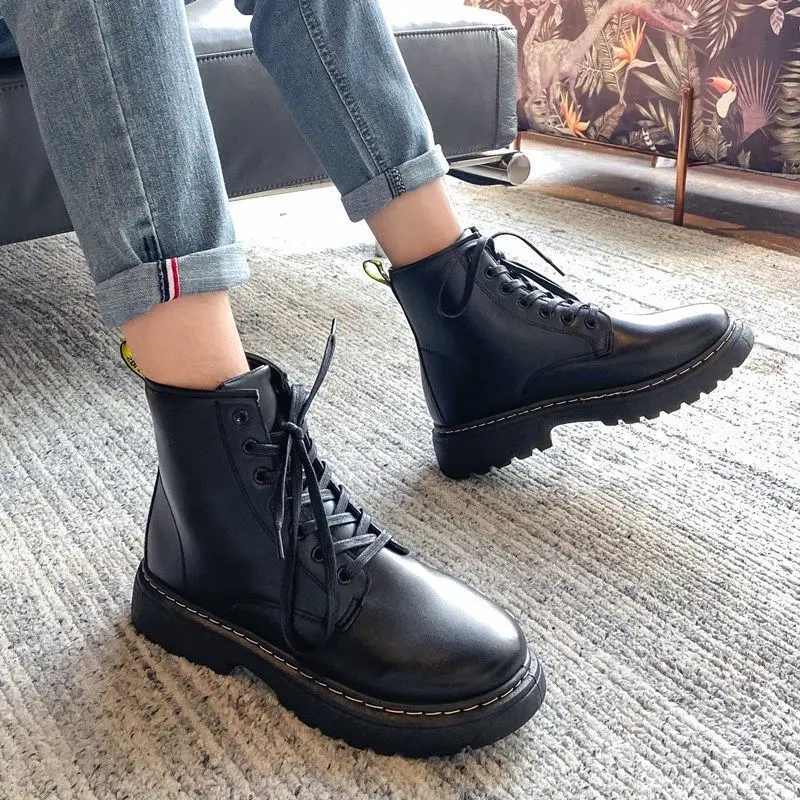 

Martin Boots Men's High-top Plus Fleece Tooling Boots Wild Trend Thick-soled Men's Shoes British Style Black Leather Boots