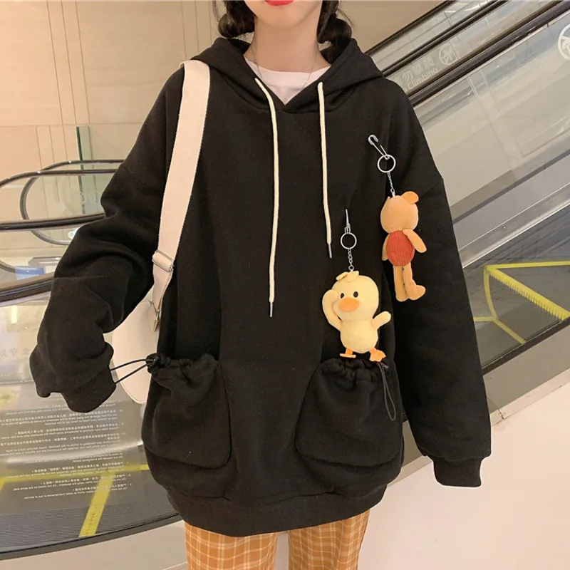 

Autumn Harajuku Women Drawstring Double Pockets Hoodies Drop Shoulder Long Sleeve Pendant Duck Bear Toy Cute Hooded Sweatshirt