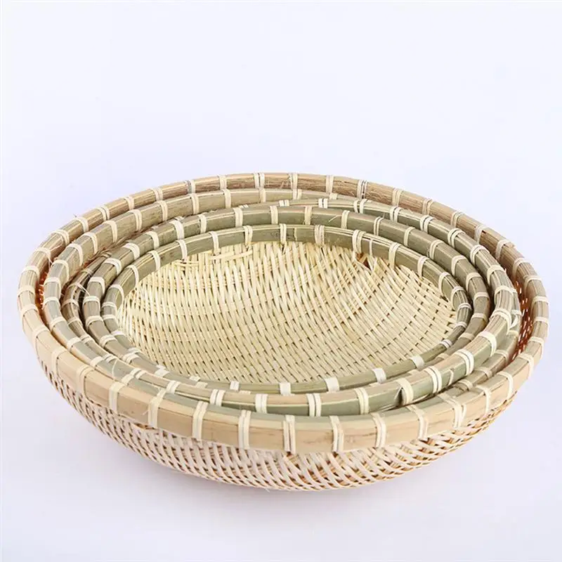 

3Pcs Handmade Round Bamboo Weaving Sieve Raft Round Dustpan DIY Decorative Fruit Bread Basket Kitchen Storage Tray