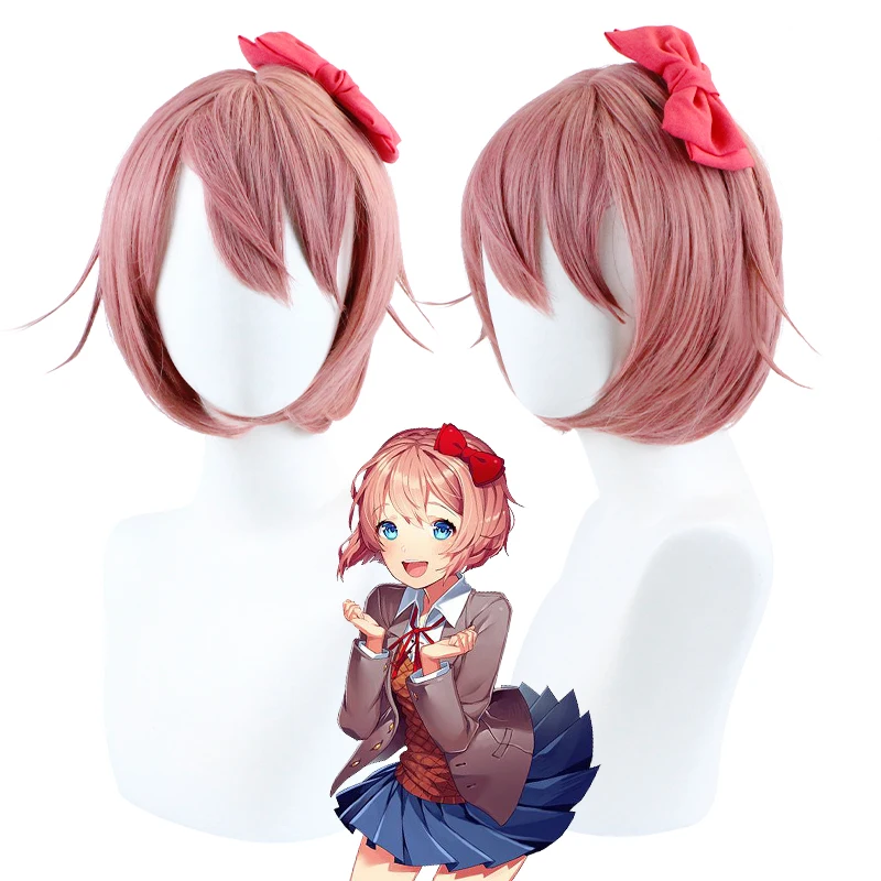 

Doki Doki Literature Club Sayori Cosplay Wig Short Pink Red Heat Resistant Synthetic Hair Wig + Wig Cap+ Bow Hairpin